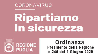 EMERGENZA CORONAVIRUS  - INGRESSO IN PUGLIA DAL 3 GIUGNO 2020